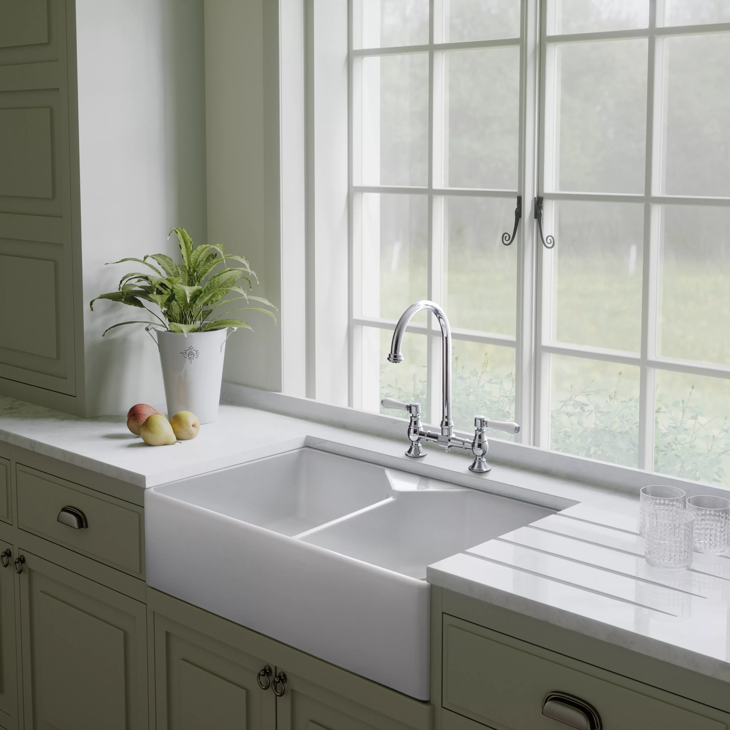 Rangemaster Farmhouse White Ceramic Rectangular 2 Bowl Sink (W)591mm 4 Rangemaster Farmhouse White Ceramic Rectangular 2 Bowl Sink (W)591mm - Image 2